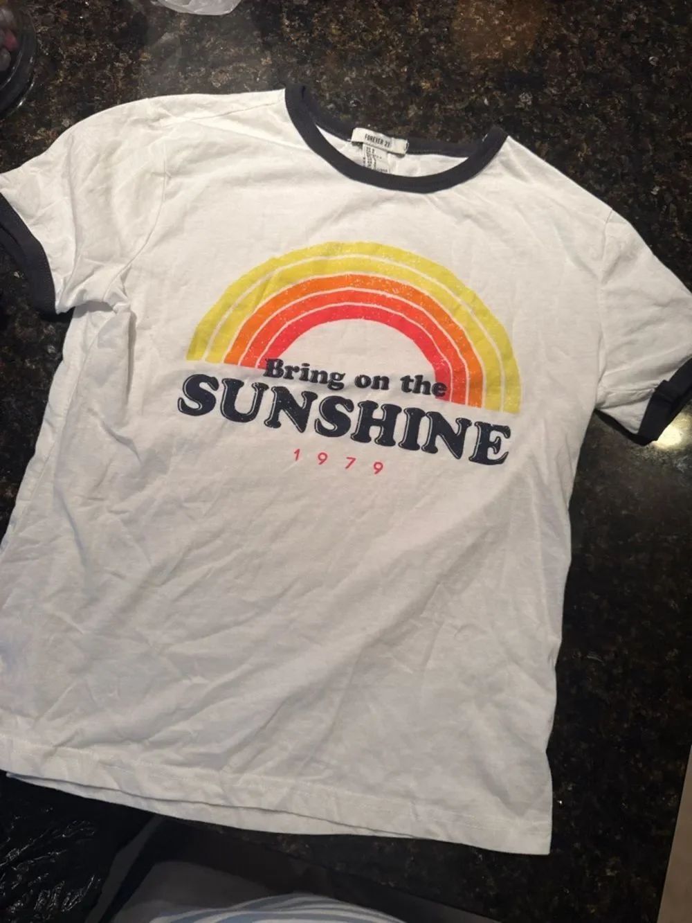 Womens White 'Bring on the Sunshine' Graphic Tee Size Small Navy Lined Collar